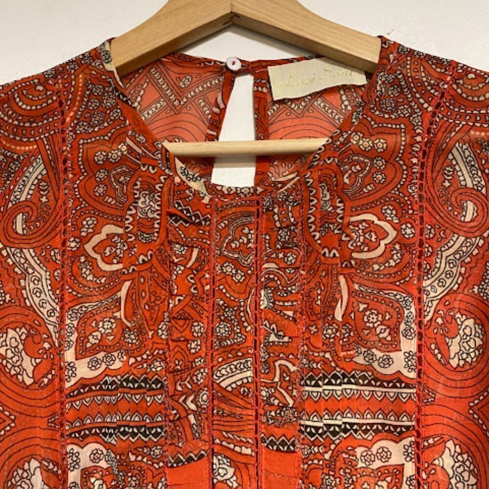 Love Sam Orange Paisley Boho Silk Chiffon Blouse Size XS - Picture 4 of 11